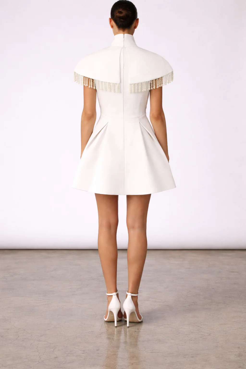 Kendal Dress – Off-White Pearl Fringe Cape Mini Dress - Image 4