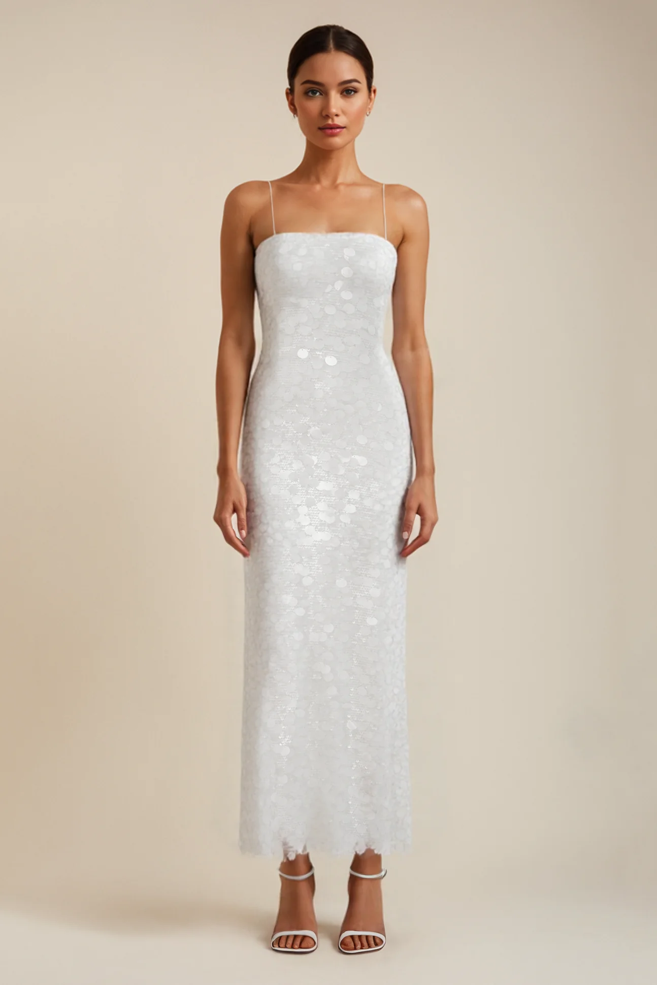 Olivia Dress – White Sequin Midi Slip Dress With Spaghetti Straps
