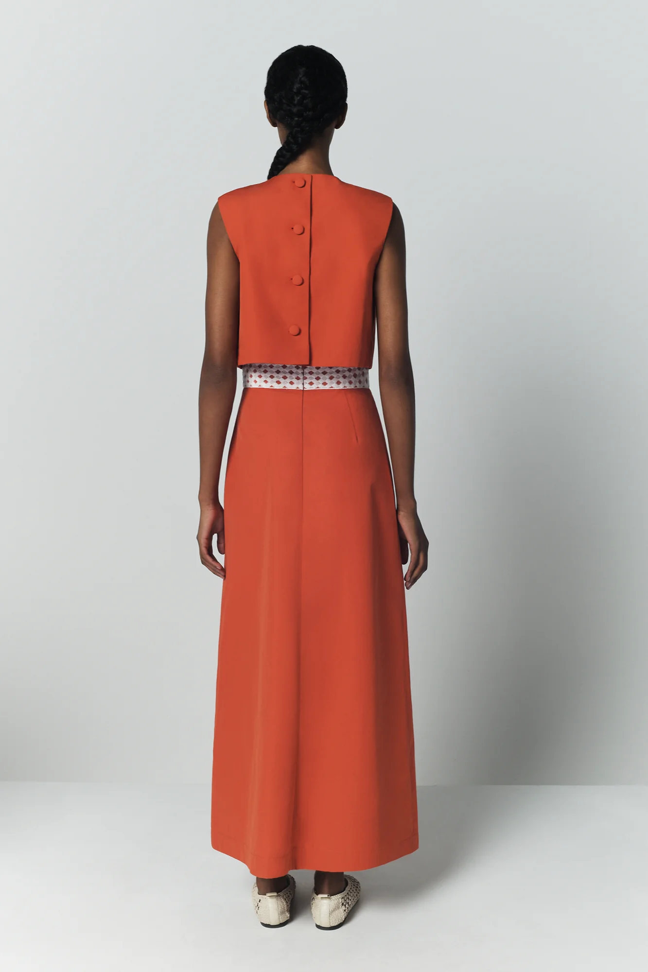 Orange Cotton Midi Skirt With Contrast Ribbon Detail - Image 4