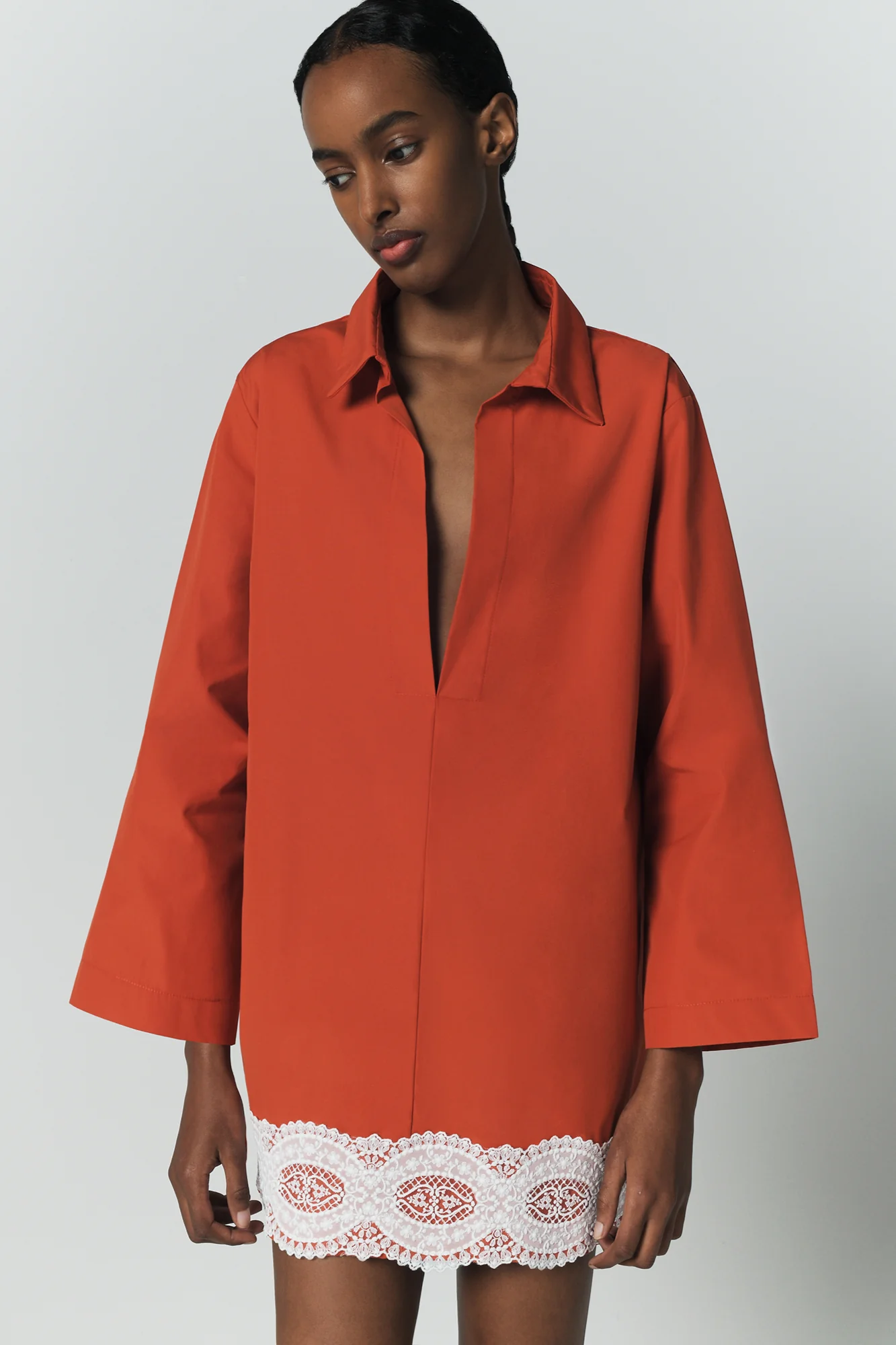 Orange Cotton Tunic Dress With Contrast Lace Trim