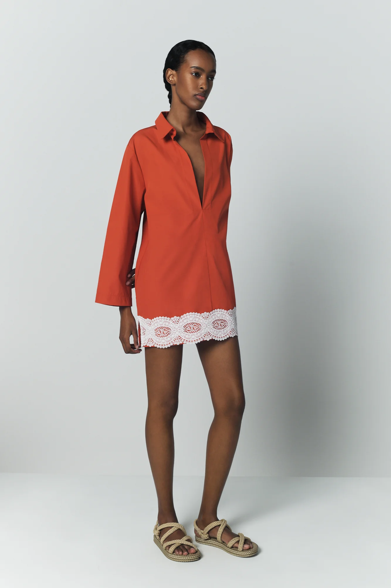 Orange Cotton Tunic Dress With Contrast Lace Trim - Image 4