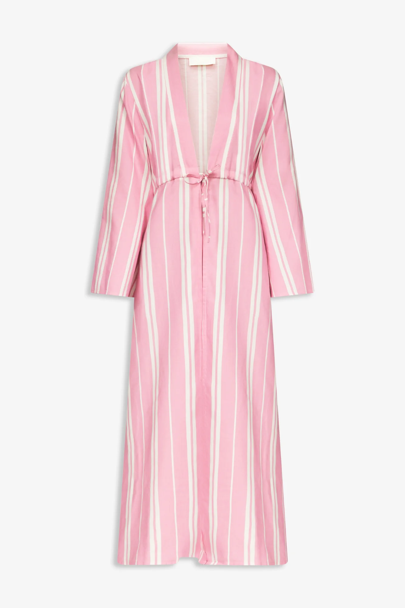 Pink Striped Long Cotton Dress With V-Neck and Tie Waist Detail