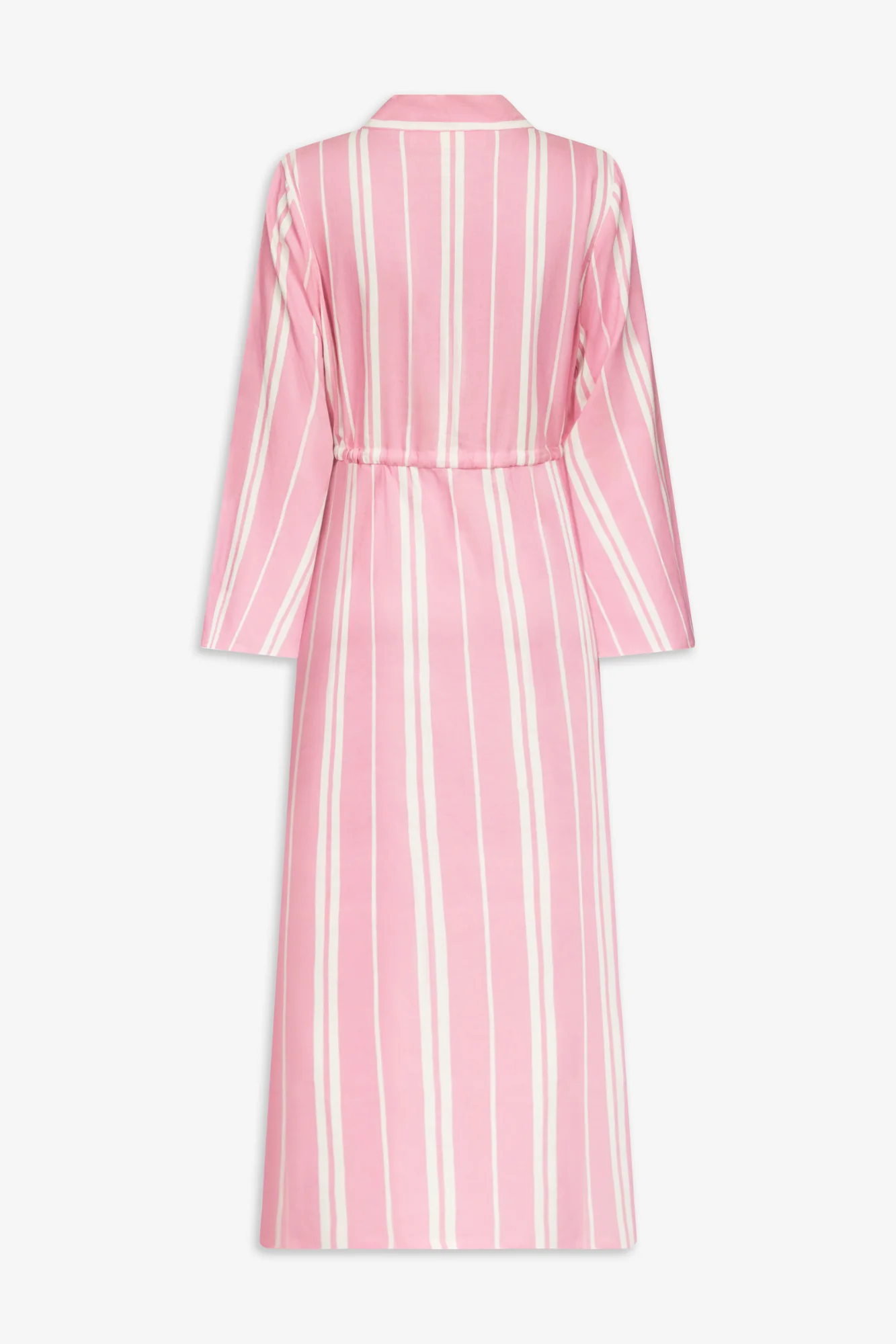 Pink Striped Long Cotton Dress With V-Neck and Tie Waist Detail - Image 2