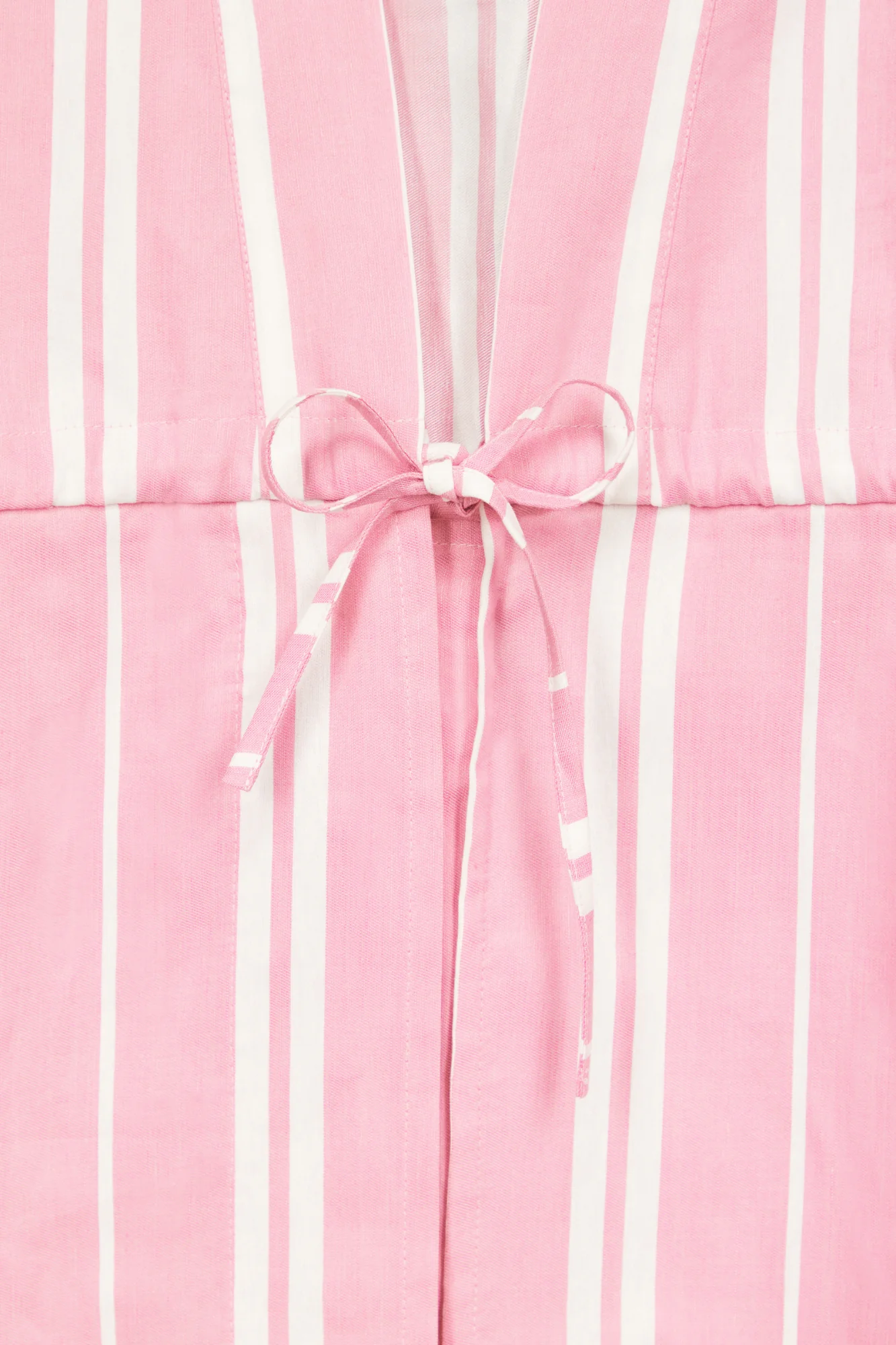 Pink Striped Long Cotton Dress With V-Neck and Tie Waist Detail - Image 3