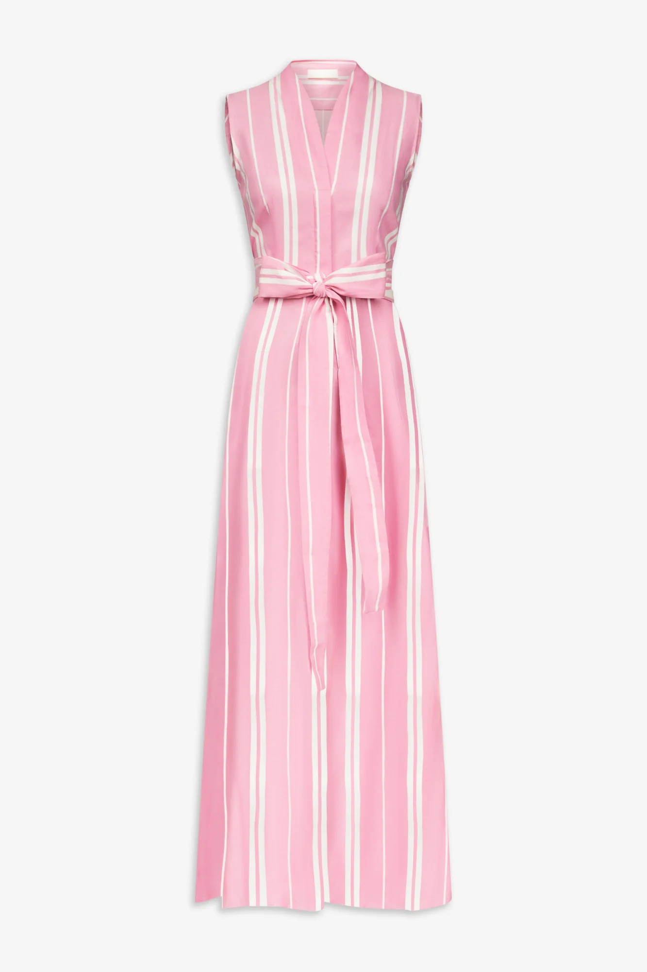 Pink Striped Sleeveless Cotton Maxi Dress With Tie Waist Detail