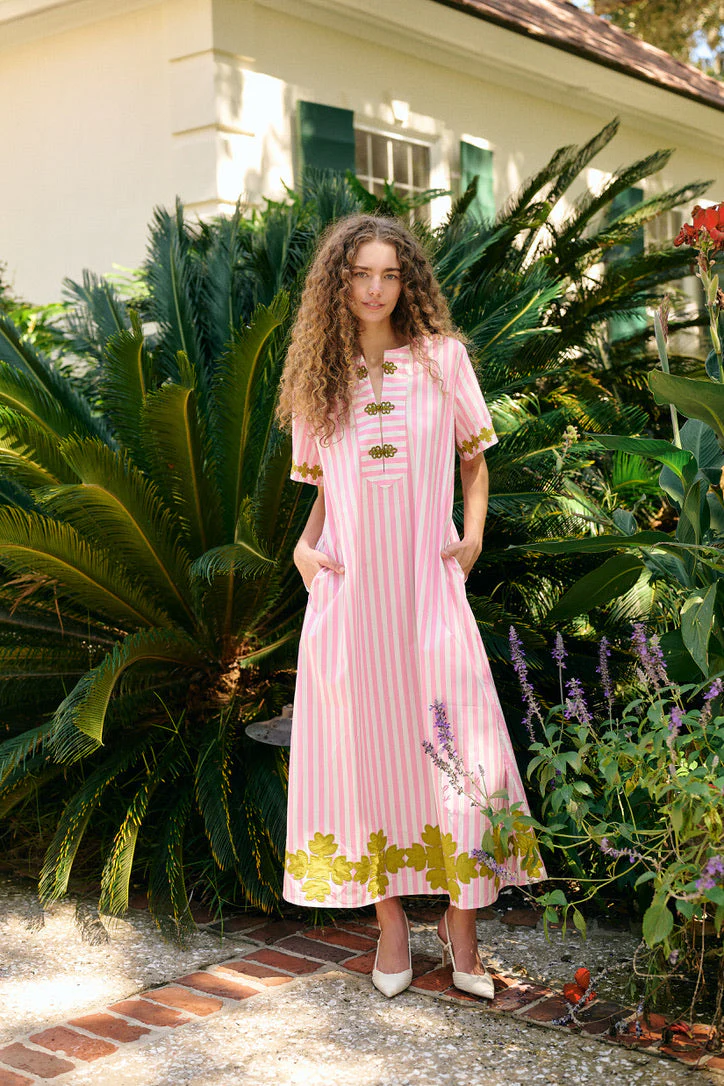 Short Sleeve Maxi Kaftan - Pink Stripe - Image 2