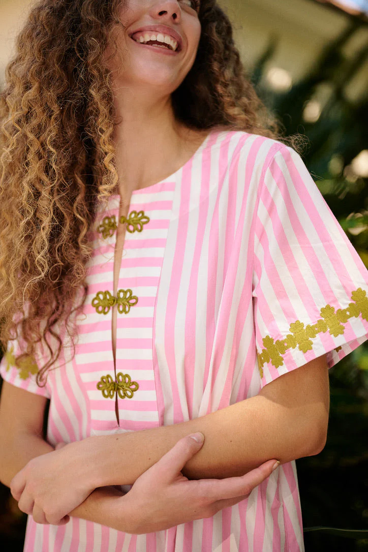 Short Sleeve Maxi Kaftan - Pink Stripe - Image 3