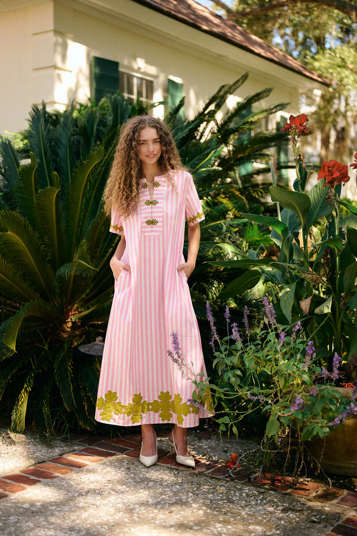 Short Sleeve Maxi Kaftan - Pink Stripe - Image 5