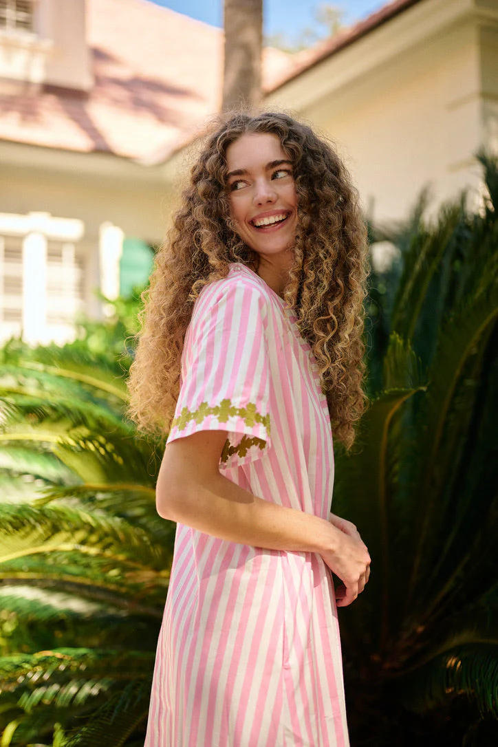 Short Sleeve Maxi Kaftan - Pink Stripe - Image 7