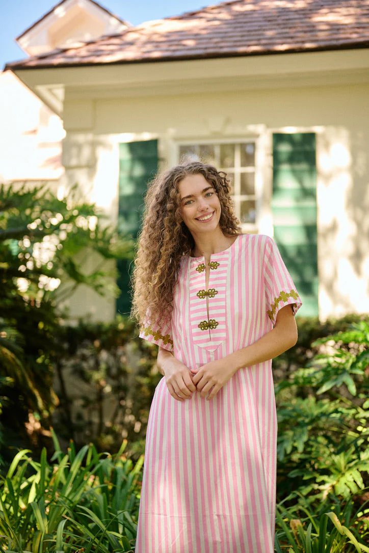 Short Sleeve Maxi Kaftan - Pink Stripe - Image 9