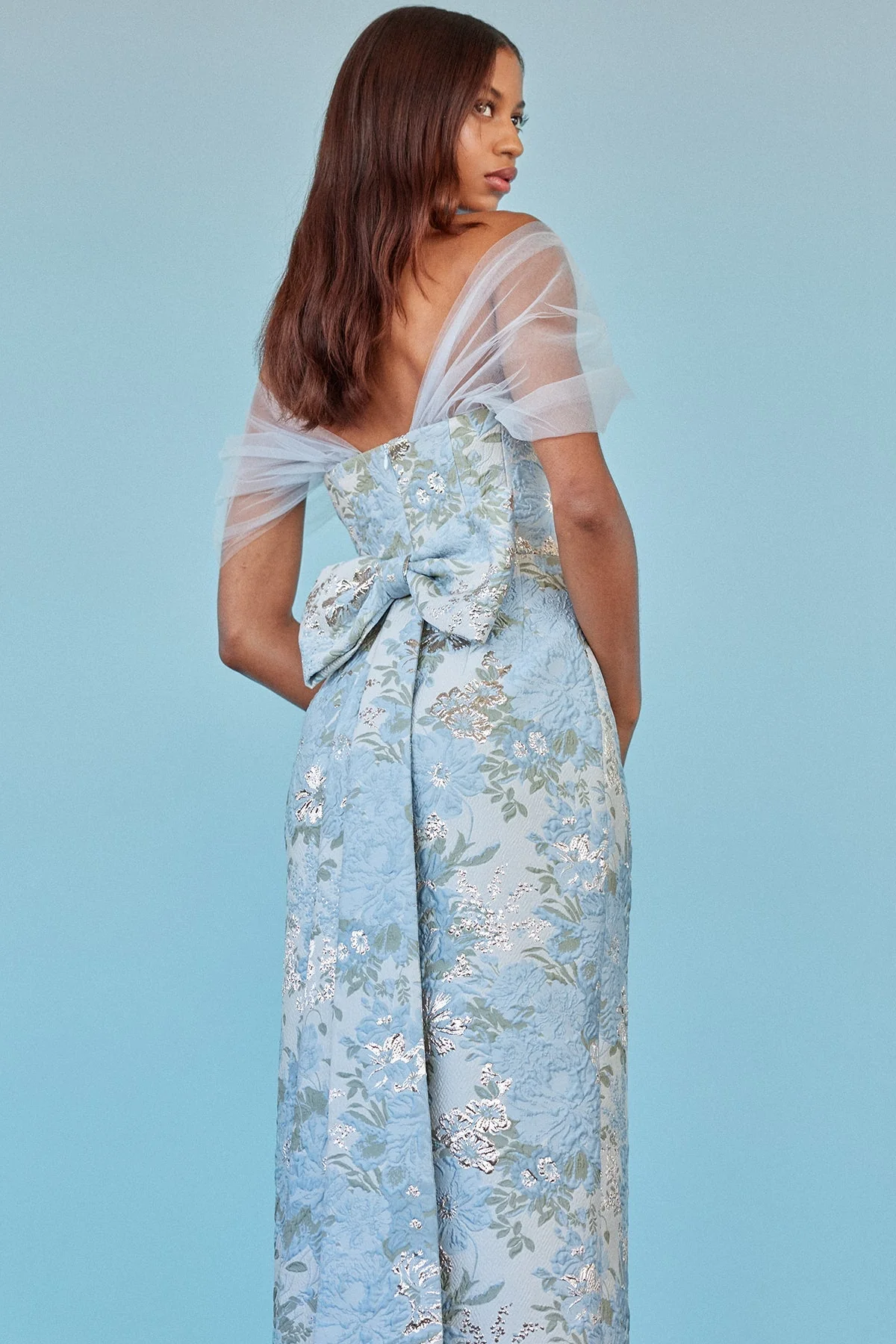 Sylvie Dress in Light Blue Floral Brocade - Image 3