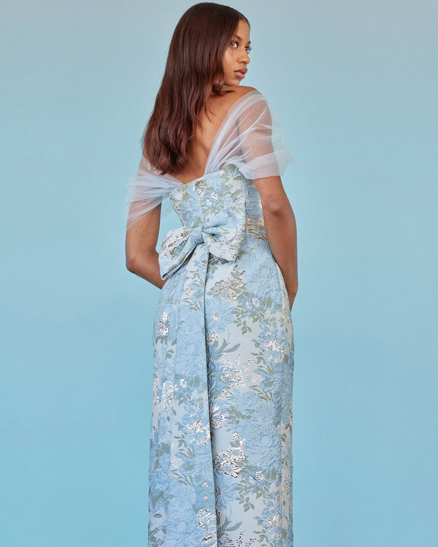 Sylvie Dress in Light Blue Floral Brocade - Image 8