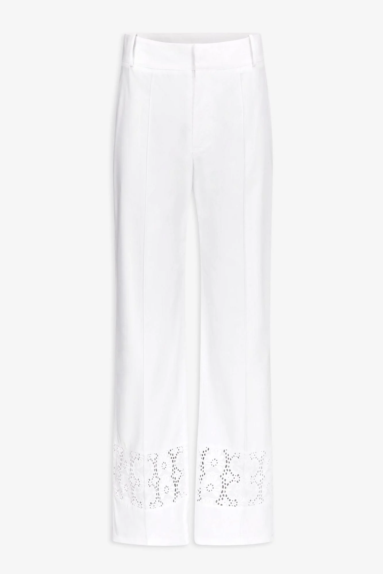 White Cotton Poplin Pants With Embroidered Hem Detail