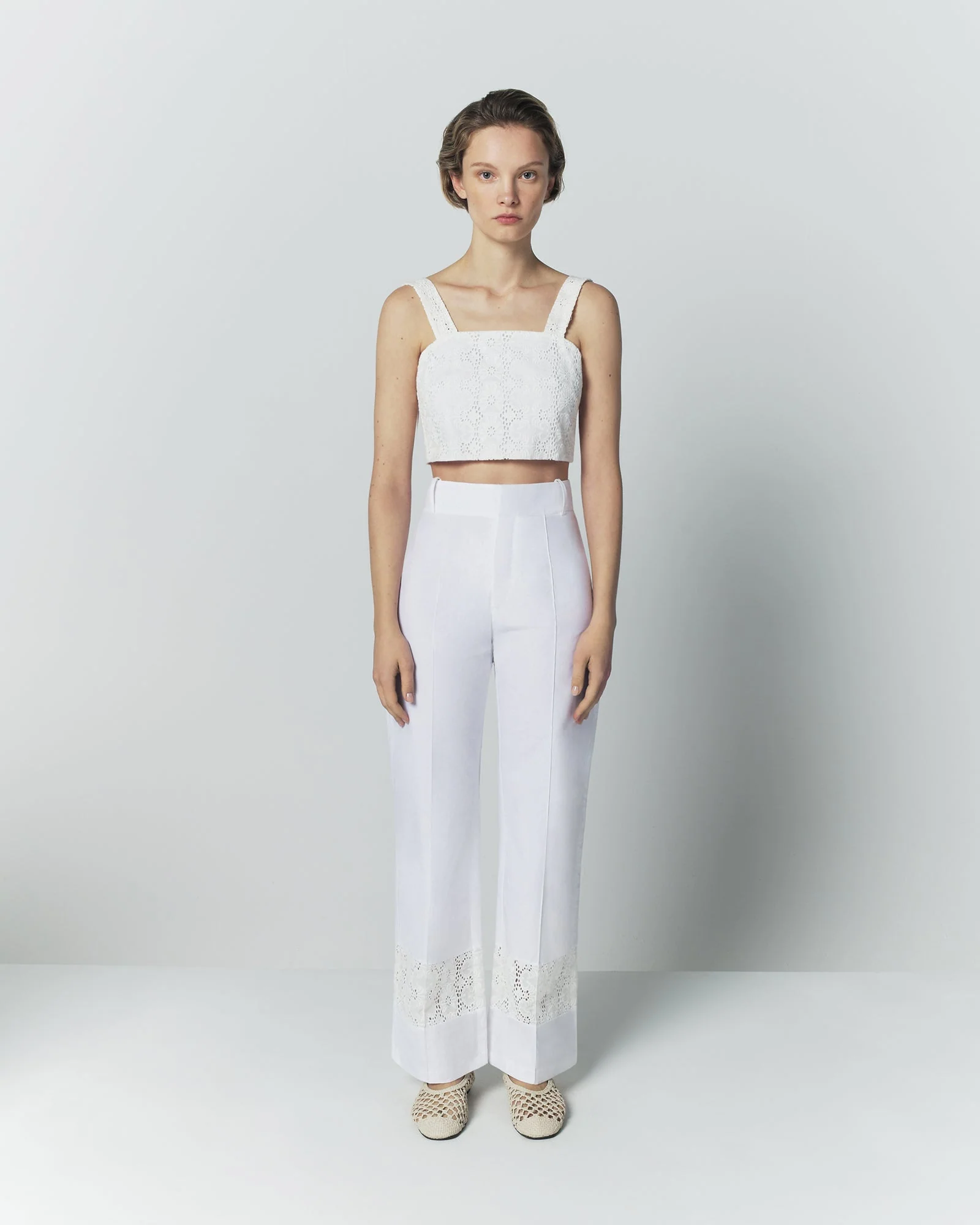 White Cotton Poplin Pants With Embroidered Hem Detail - Image 2