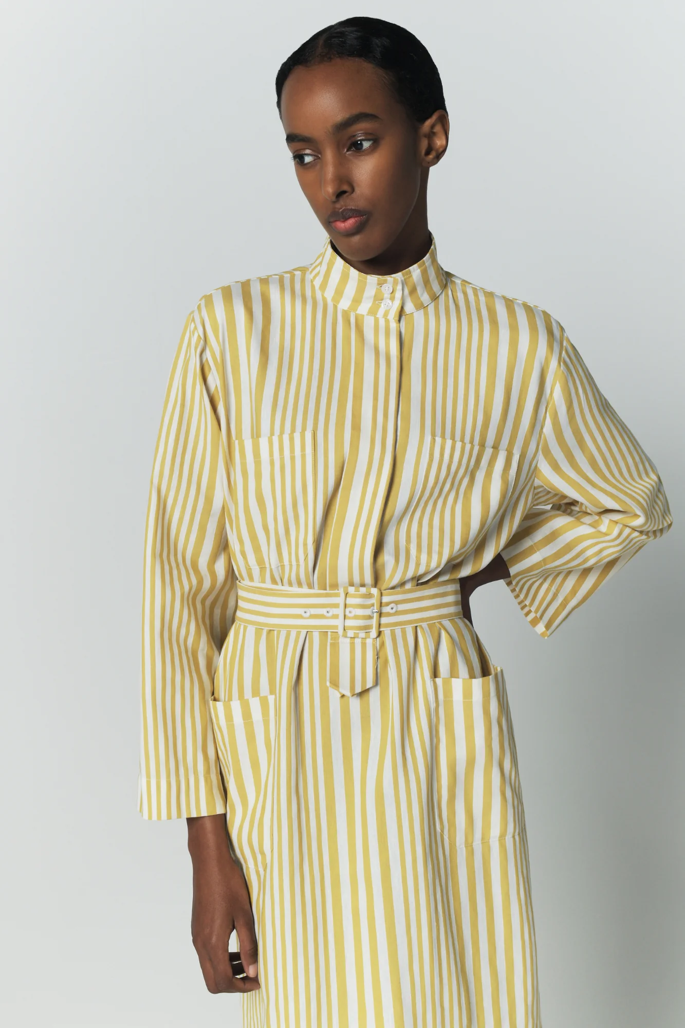 Yellow and White Striped Belted Midi Dress - Image 3