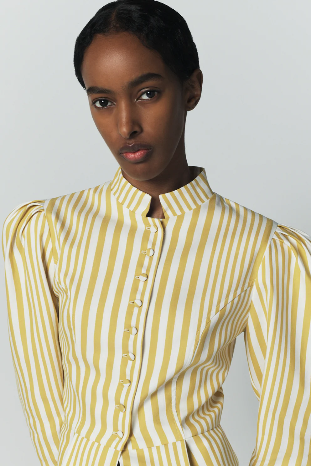 Yellow Striped Puff Sleeve Cotton Jacket - Image 3