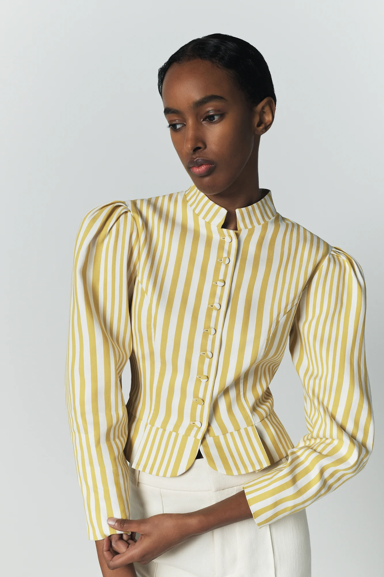 Yellow Striped Puff Sleeve Cotton Jacket - Image 4